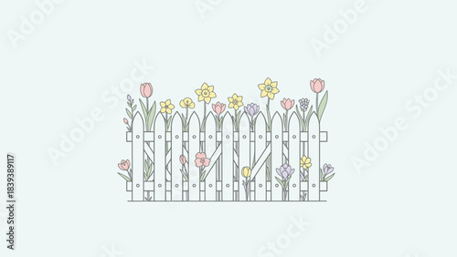A simple line art illustration of a white picket fence with various colorful flowers blooming behind it in pastel shades.