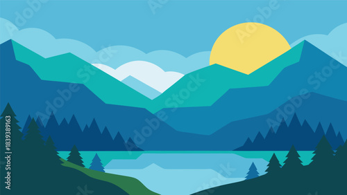 Stylized mountain landscape with rising sun over calm water