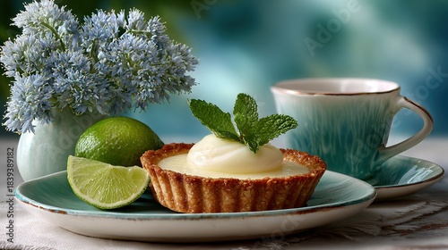   A close-up shot of a cupcake on a plate, with a steaming cup of tea and a freshly squeezed lime on a saucer