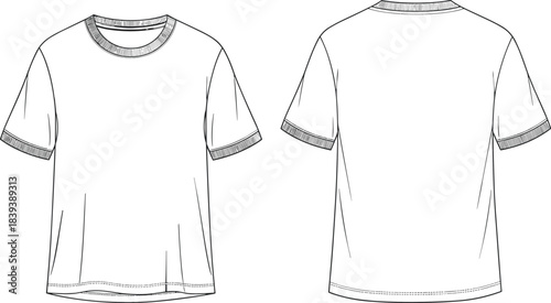 Front and back technical sketch of short sleeve crew neck T-shirt with ribbed collar and cuffs for fashion design reference