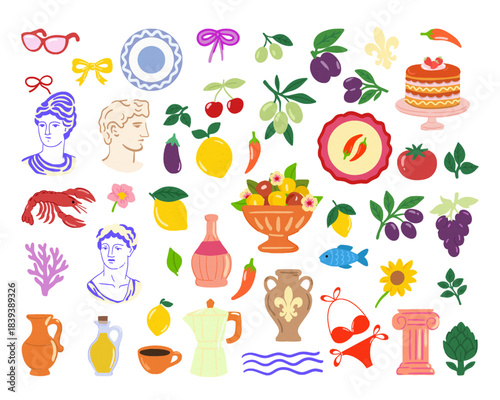 Mediterranean Clipart Set, Italian Food, Classical Art and Decorative Elements, Vintage Food & Classical Art Vector Set, Vector illustration