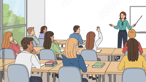 Students in a classroom raising hands during a lesson with teacher at whiteboard