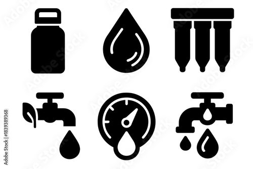 Bold Eco Hydration Icons. Sustainable Hydration Ecosystems silhouette set: refillable bottle, water flow droplet, filtration unit, hydration tracker, eco tap, purity gauge.