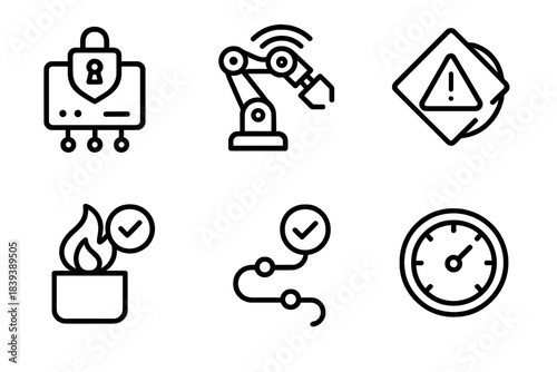 Automation Security Icons. Automation Safety & Security Set linear set: secure gateway module, monitored robot arm, anomaly detection icon, risk containment tile, verified command
