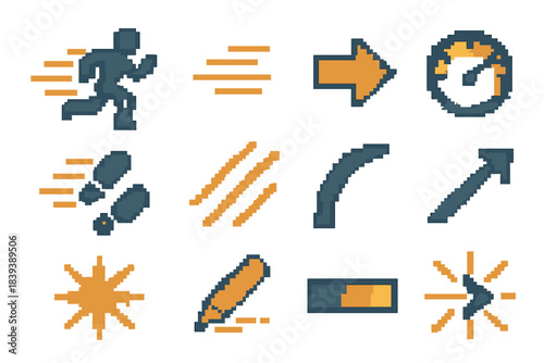 Pixel Speed Icons. Fast Pace pixel style set: running figure, rapid motion lines, swift arrow, speed gauge, quick steps, forward streak, momentum arc, dynamic curve, energy spark,
