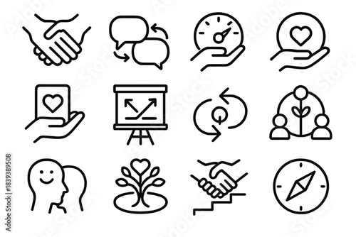 Connection Growth Icons. Connection Growth Suite linear set: mutual support hands, dialogue loop, trust meter, appreciation note, shared goals board, rapport arrows, friendly chat