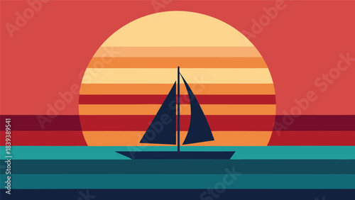 Minimalist sailboat silhouette against vibrant sunset horizon illustration