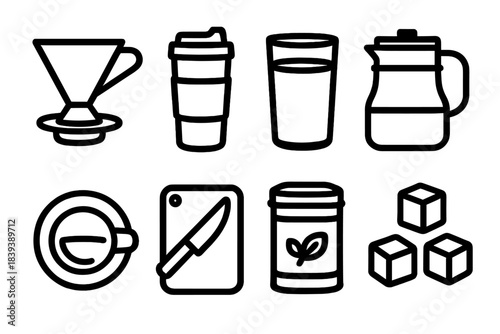 Kitchen Beverage Icons. Kitchen Beverage Basics linear set: pour-over cone, insulated cup, tall glass, herbal tea tin, pitcher with lid, straw-free sip lid, drink prep board,