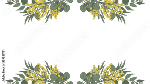 Symmetrical spring floral frame featuring vibrant mimosa blossoms and fresh eucalyptus foliage, decorative vector art