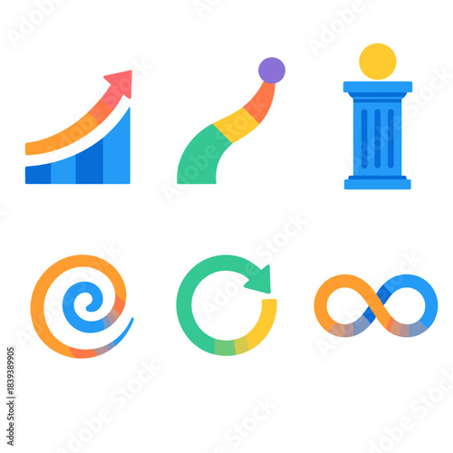 Skill Adaptation Icons. Workforce Skill Adaptation Concepts flat set: agility arc, evolving path, capability pillar, adaptability swirl, readiness ring, continuous loop.