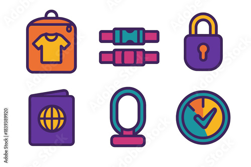 Travel Essentials Icons. Portable Packing Accessories flat set: garment pouch, strap clip, mini lock, passport sleeve, carry loop, travel readiness indicator.