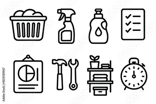 Home Essentials Icons. Home Routine Essentials linear set: laundry basket, cleaning spray, dish soap, grocery list, meal prep board, home tools, tidy shelf, routine timer.