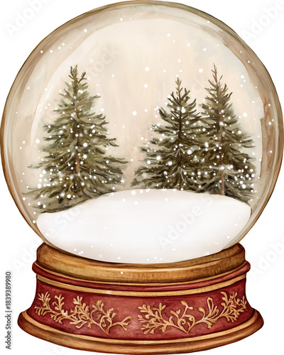 Decorative snow globe featuring evergreen trees surrounded by snow
