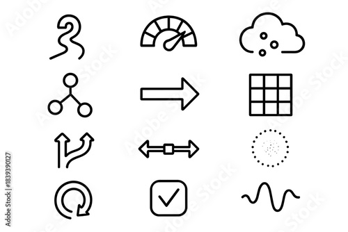 Outcome Icons Collection. Outcome Variability Domains linear set: uncertain path stripe, risk spread meter, probability cloud patch, incomplete-info node, scenario-shift arrow,