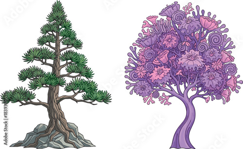 Realistic pine tree, whimsical fantasy tree, stylized forest illustration, vibrant foliage, purple trunk, pink canopy, nature contrast, surreal botanical art