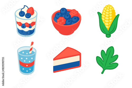 Summer Treat Icons. Independence Day Summer Treats isometric flat set: yogurt parfait, chilled berries, sweet corn ear, sparkling water, simple cake slice, garnish leaf.