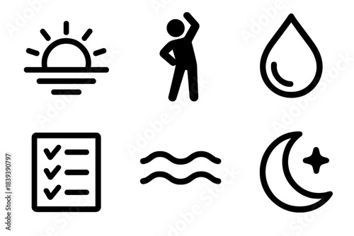 Daily Routine Icons. Positive routine building linear set: morning sun, stretch icon, hydration drop, task list, calm wave, bedtime moon.