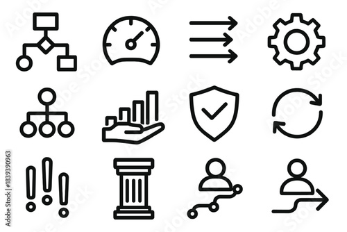 Operational Leadership Icons. Operational Leadership Icons linear set: workflow map, performance gauge, process alignment arrows, efficiency gear, coordination chart,
