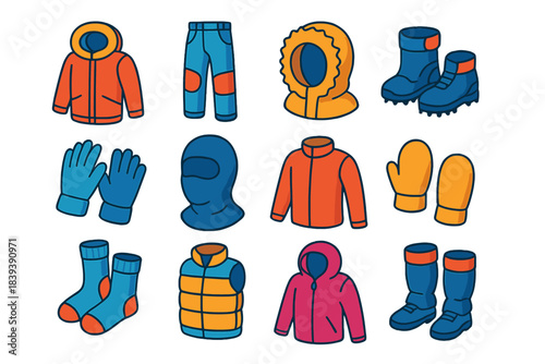 Arctic Wear Icons. Protective Arctic Wear isometric flat set: insulated parka, heavy snow pants, fur-lined hood, ice-grip boots, fleece gloves, thermal balaclava, wind shield layer