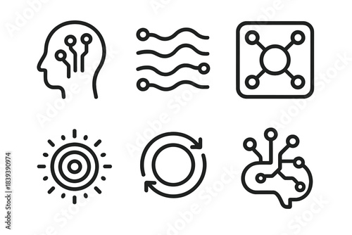 Cognitive Tech Icons. Cognitive Tech Symbols linear set: mind circuit, signal thread, data glow, interface node, flow ring, neural arc.