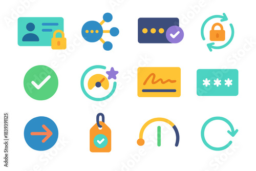 Digital Security Icons. Authentication & Verification Tools flat set: secure ID tile, token code node, multi-factor bar, encrypted exchange ring, validity check dot, trust stamp