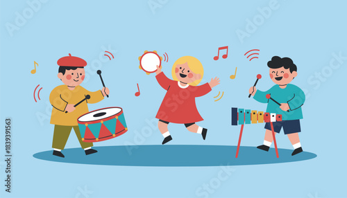 A music corner with children banging on various instruments dancing and laughing as they explore sound.