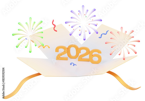 Happy new year 2026 open gift box fireworks party surprise isolated on transparent png background. Event present confetti anniversary. 3d render illustration elements