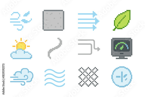 Atmospheric Health Icons. Atmospheric Health Icons set of icons in flat pixel vector style: clean breeze, particulate haze, airflow diagram, leaf purity, open sky, smoke trace,
