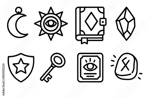 Mythic Item Icons. Mythic Item Collection linear set: moon pendant, protective charm, bound tome, elemental shard, hero emblem, silver key, prophecy tablet, glowing rune.