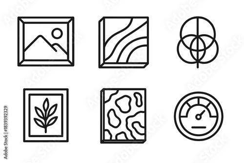 Modern Art Icons. Interior Art Elements linear set: framed illustration, modern canvas block, metal wall accent, botanical print, textured panel, ambience gauge.