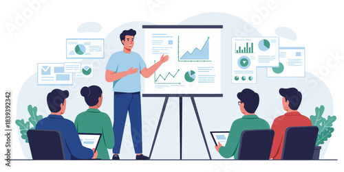 Business Meeting Presenter Explains Growth Charts on Whiteboard to Colleagues in Modern Office startup