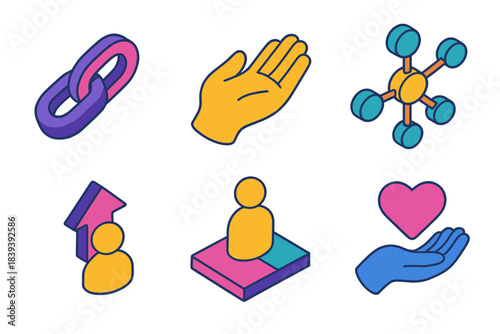 Isometric Support Icons. Collaborative Support Elements isometric flat set: team link, open-hand gesture, network web, assistance arrow, shared platform, wellbeing icon.
