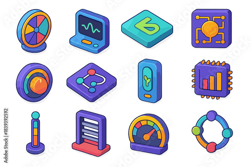 Adaptive Power Icons. Adaptive Power Cognition flat isometric set: load-balancing wheel, energy pulse meter, situational power mode tile, self-regulating circuit, output tuning