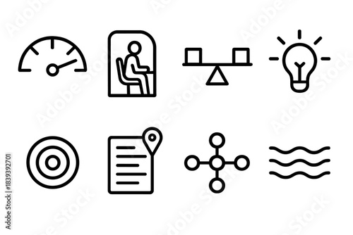 Wellbeing Workplace Icons. Wellbeing-centered workplaces linear set: stress dial, quiet booth tile, balanced task bar, clarity light, support beacon, calm ripple, workload marker,