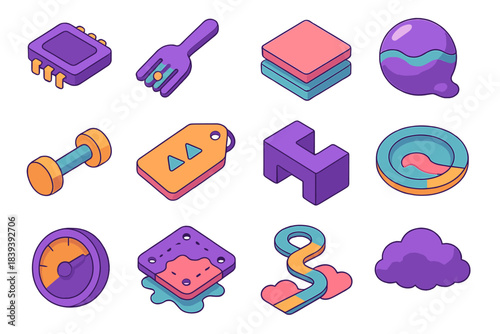 Cognitive Bias Icon Set. Cognitive Error Mechanisms flat isometric set: bias intake chip, miscue fork, flawed logic tile, perceptual distortion bubble, inference gap bar,