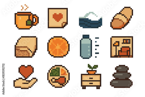 Self-Care Icon Collection. Daily Self-Care Practices pixel style set: warm herbal mug, gratitude note, calm breathing wave, comfy slipper, soft blanket corner, fruit slice,