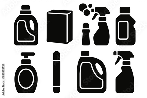 Bold Detergent Icons. Household Detergent Set silhouette set: detergent bottle, powdered cleaner box, foaming spray head, concentrated gel pack, dish soap pump, stain remover stick