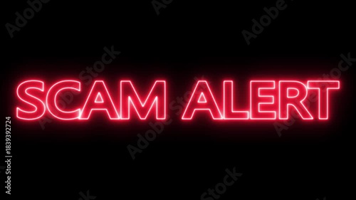 Animated glowing flickering neon inscription scam alert. neon scam alert text animation