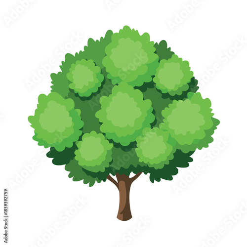 Beautiful green tree illustration with layered foliage and a textured trunk, in a clean, watercolor-style design