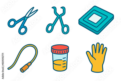 Procedure Room Icons. Procedure Room Essentials isometric flat set: surgical scissors, retractors, sterile pack, catheter tube, specimen cup, protective glove.