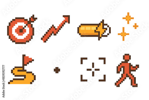 Goal Chase Icons. Goal Chase pixel style set: target board, rising arrow, fast progress bar, ambition spark, swift path, milestone dot, focus line, determined stride.