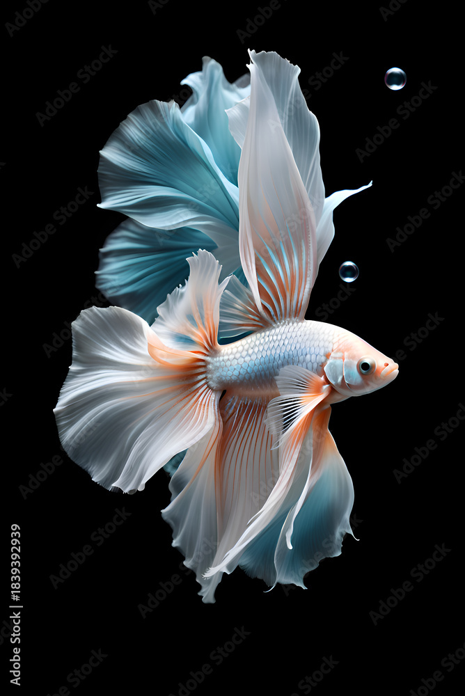 Fototapeta premium beautiful soft turquoise Betta fish with long tail and fins against black background. Digital artwork. Ai generated