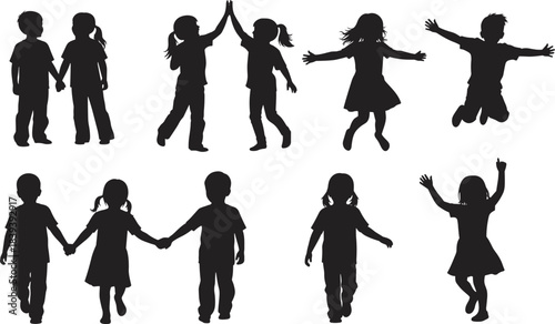 Silhouettes of playful children interacting in joyful poses, celebrating friendship, movement, and happiness in a vibrant childhood-themed vector illustration.