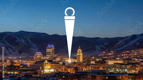Cityscape at Dusk: A minimalist pennant design floats above a cityscape illuminated by the soft glow of dusk, with mountains in the background. Reflecting urban charm and scenic beauty