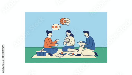 An outdoor picnic where alumni reconnect discussing personal growth and career advancements while enjoying a relaxed atmosphere.