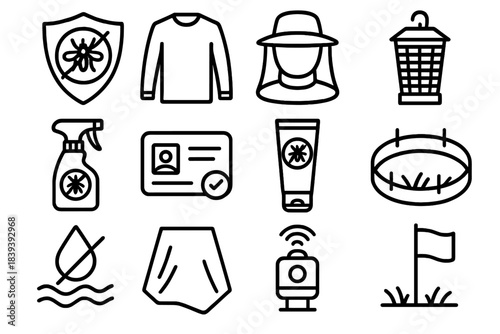 Insect Protection Icons. Pest Protection Pack linear set: insect shield icon, long-sleeve outdoor gear, mesh hat cover, backyard lantern, perimeter spray bottle, bite-prevention