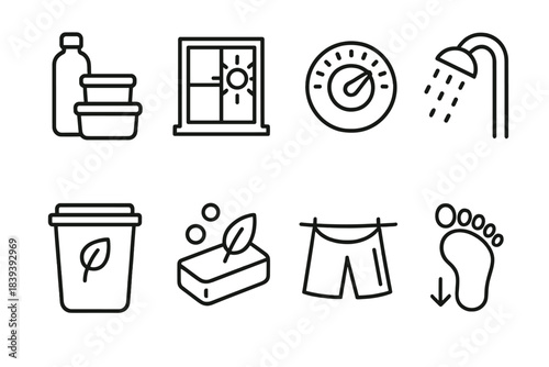 Eco-Friendly Living Icons. Green Household Habits linear set: reusable containers, filtered daylight window, smart energy dial, low-flow showerhead, compost bin, plant-based soap
