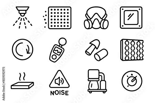 Dust and Noise Solutions. Dust–Noise Management Set linear set: sprinkler mist head, particle screen, protective mask, sealed enclosure, vacuum inlet, noise monitor, earplug icon,