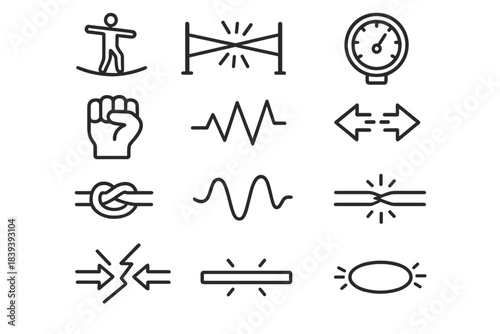 Tension Icon Set. Tension Icons linear set: tight rope, strained line, pressure gauge, clenched fist, sharp zigzag, friction arrows, stress knot, tense wave, pulled cords, conflict