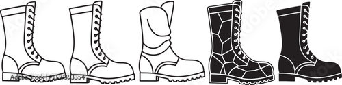 Boot Icon Set – Outline, Decorative, Patterned, and Solid Silhouette Footwear Designs Including Winter, Hiking, and Fashion Boots for Apparel Graphics, UI Icons, and Vector Illustrations